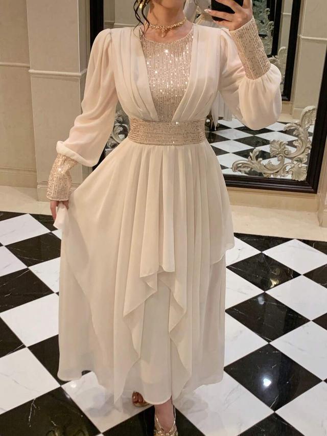 shiny patchwork chiffon evening gown with sequin details