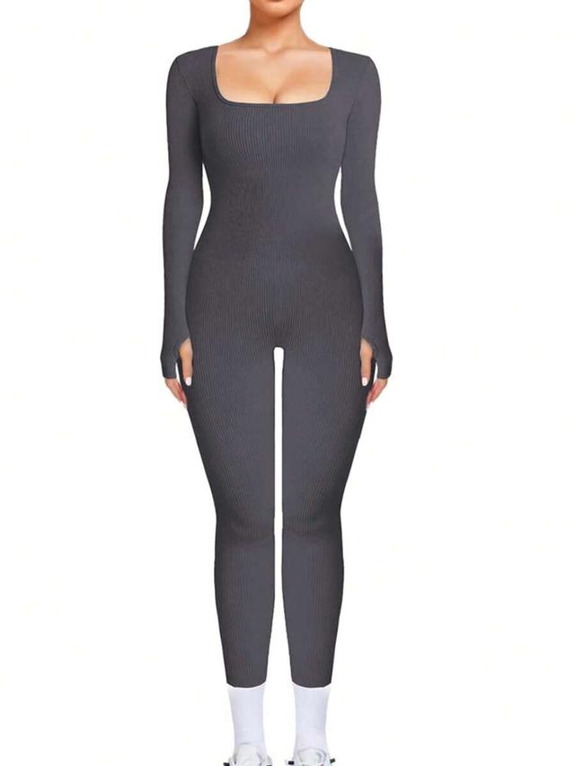 women's athletic solid color seamless long sleeve yoga jumpsuit