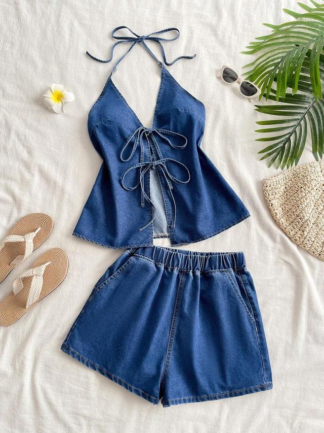 denim knotted halter top and shorts set