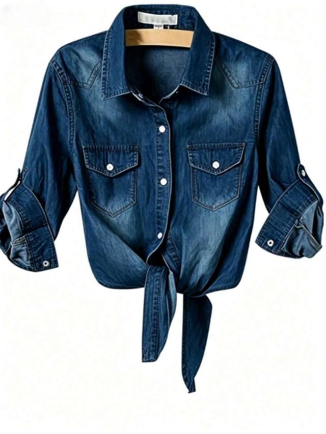 women's 3/4 sleeve tie-front denim shirt