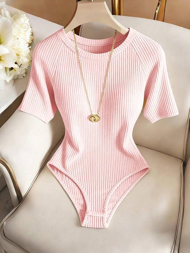 pink ribbed short sleeve round neck bodysuit