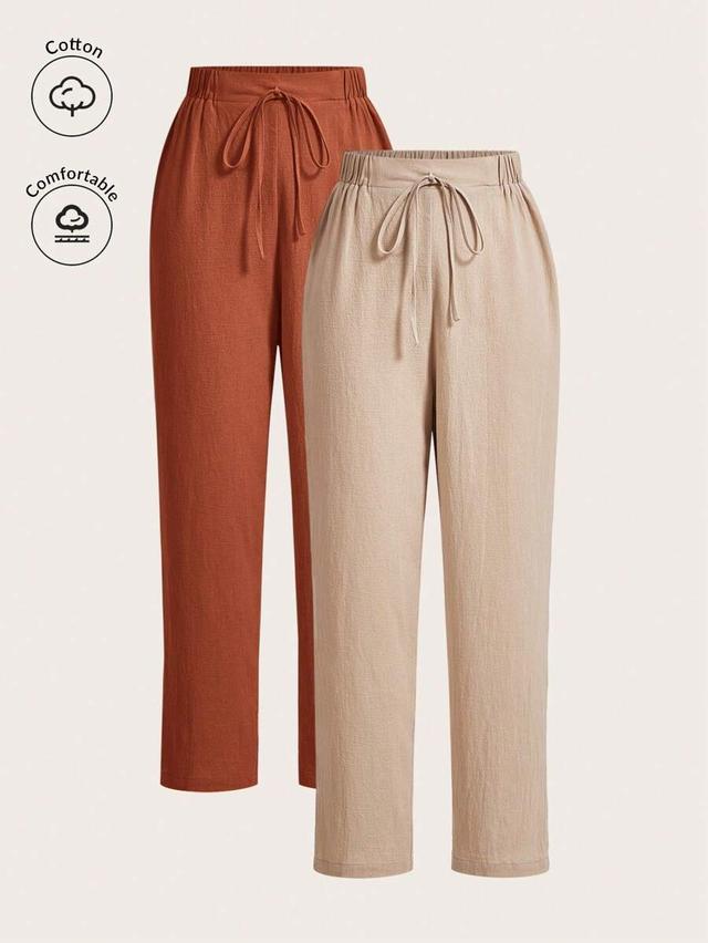 beige casual elastic waist cotton linen trousers