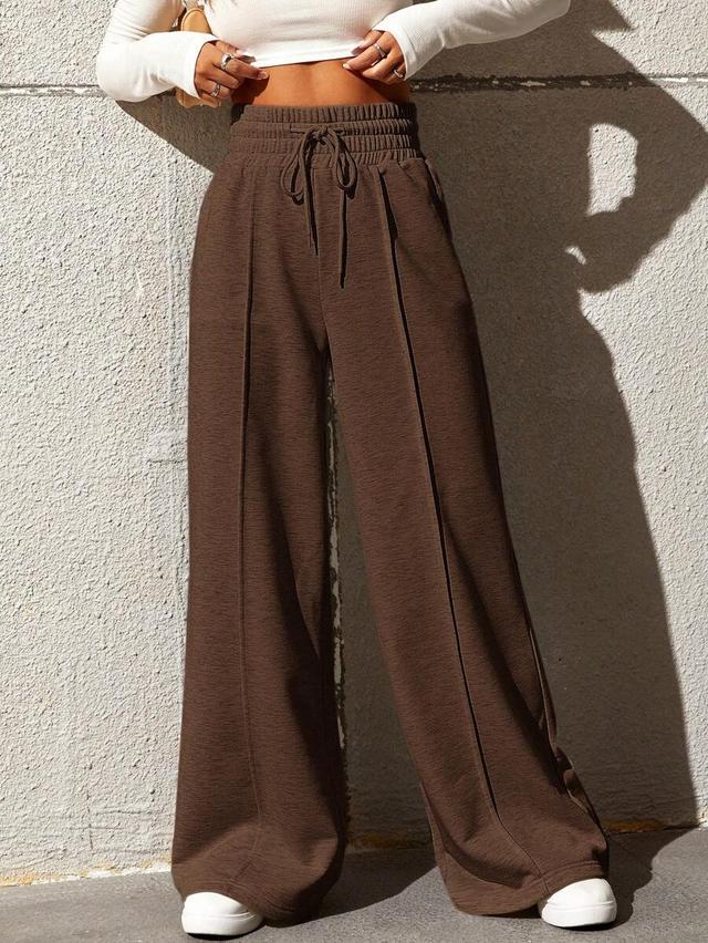 brown solid color drawstring waist wide leg sweatpants