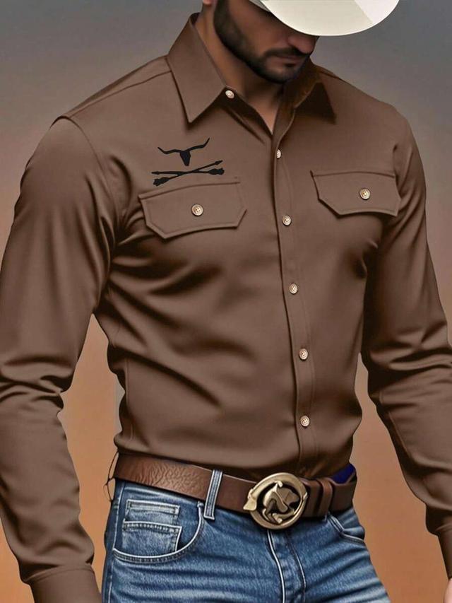 brown western-style floral print long-sleeve shirt