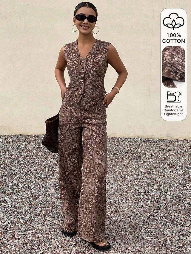 brown paisley jacquard vest and matching wide-leg trousers