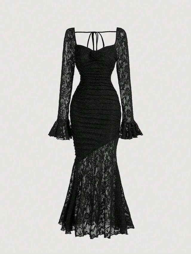 black floral lace long sleeve mermaid bodycon dress