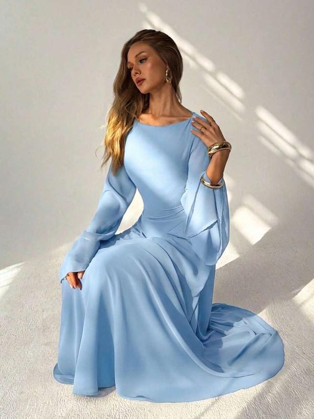 light blue elegant flare sleeve ruffle cinched waist dress