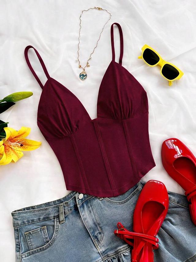 burgundy v-neck sleeveless knit camisole with corset-style seams