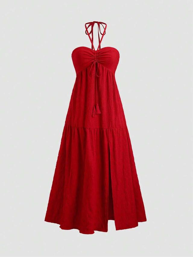 red textured boho tie shoulder backless slit dress