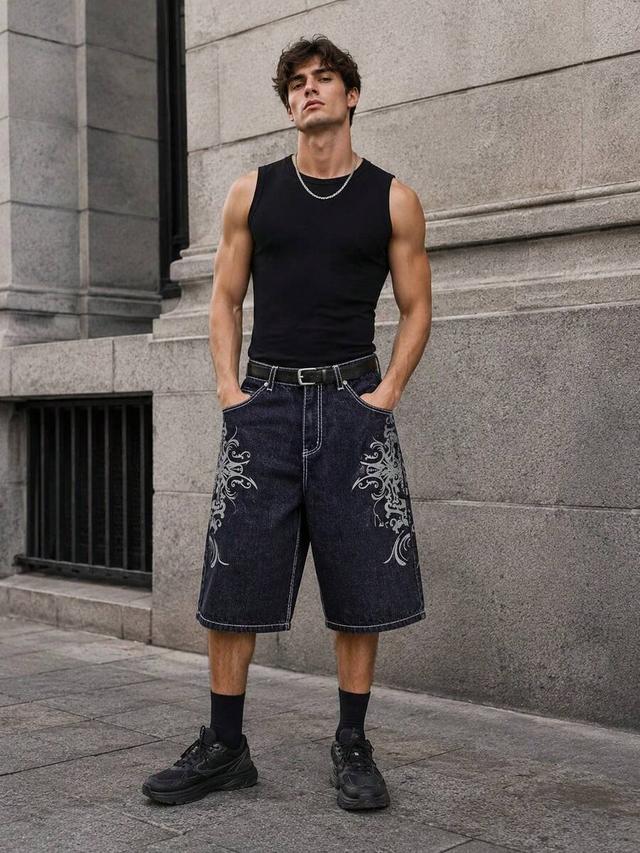men vintage baggy denim shorts with thick stitch detail