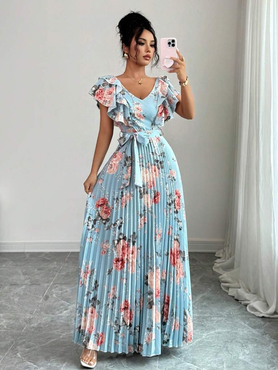 floral print v-neck pleated maxi dress