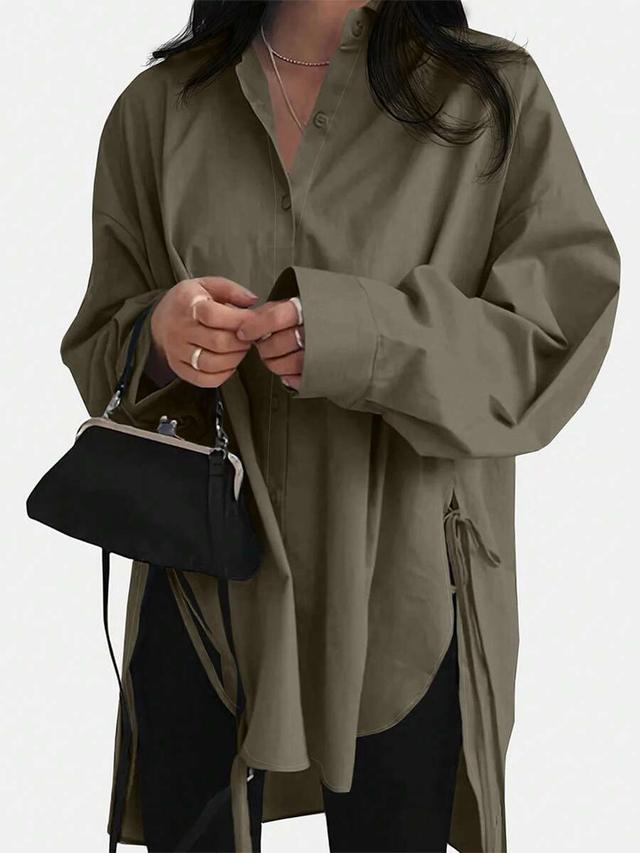 olive green drop shoulder long sleeve casual blouse