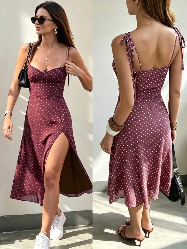 polka dot mauve midi dress with tie straps