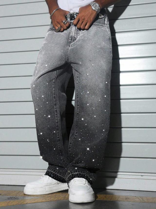 gradient wash wide leg jeans with rhinestone detailing