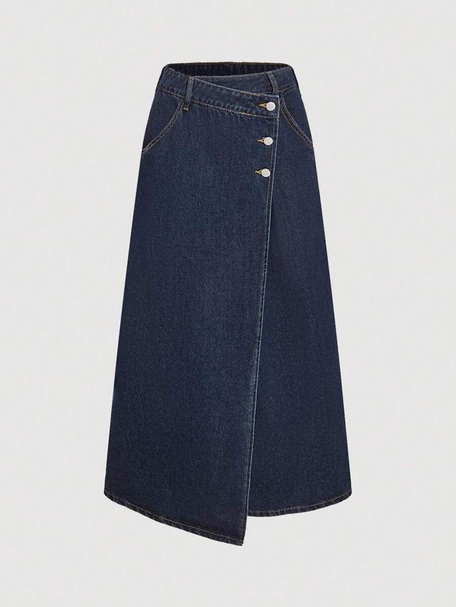 dark wash denim asymmetrical midi straight skirt