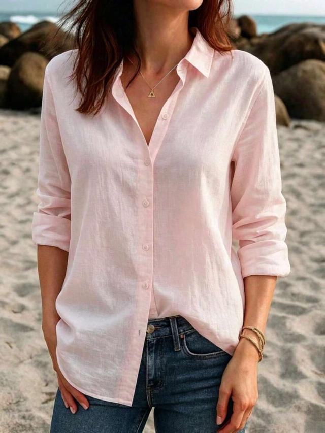 women's pink linen casual long sleeve button-up shirt