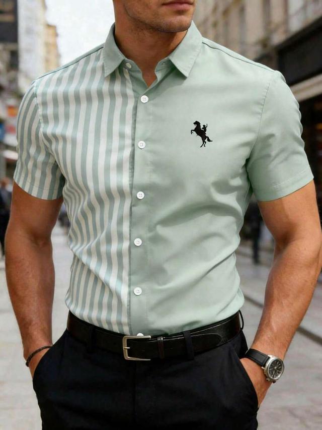 men's casual fashion shirt with striped panel and horse print