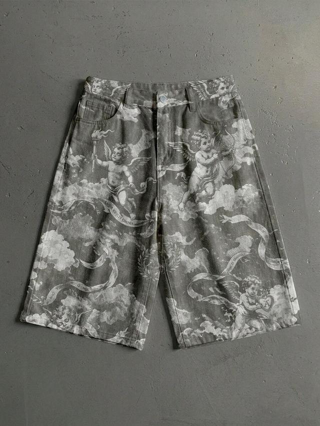 washed denim shorts with angel and ribbon print