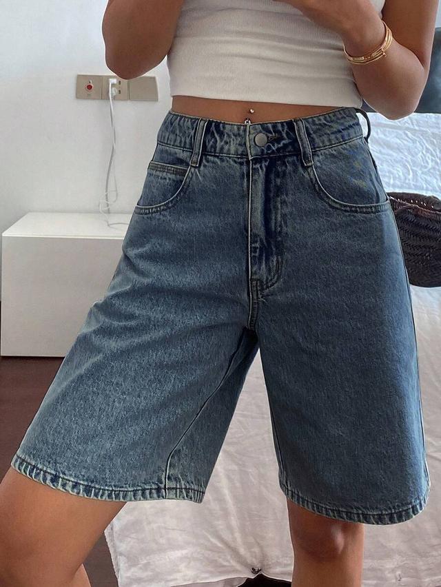 high waisted medium wash denim bermuda shorts