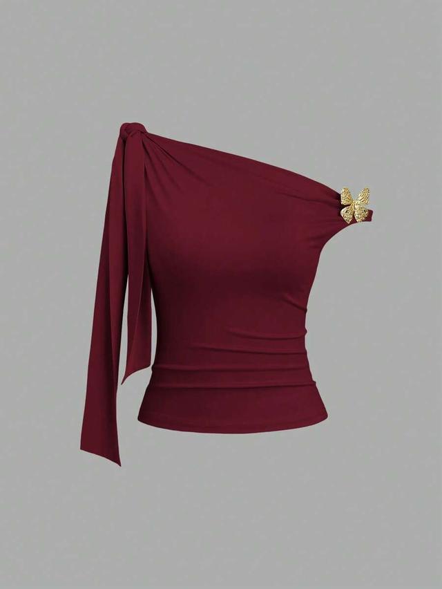 burgundy asymmetrical one-shoulder bowknot blouse