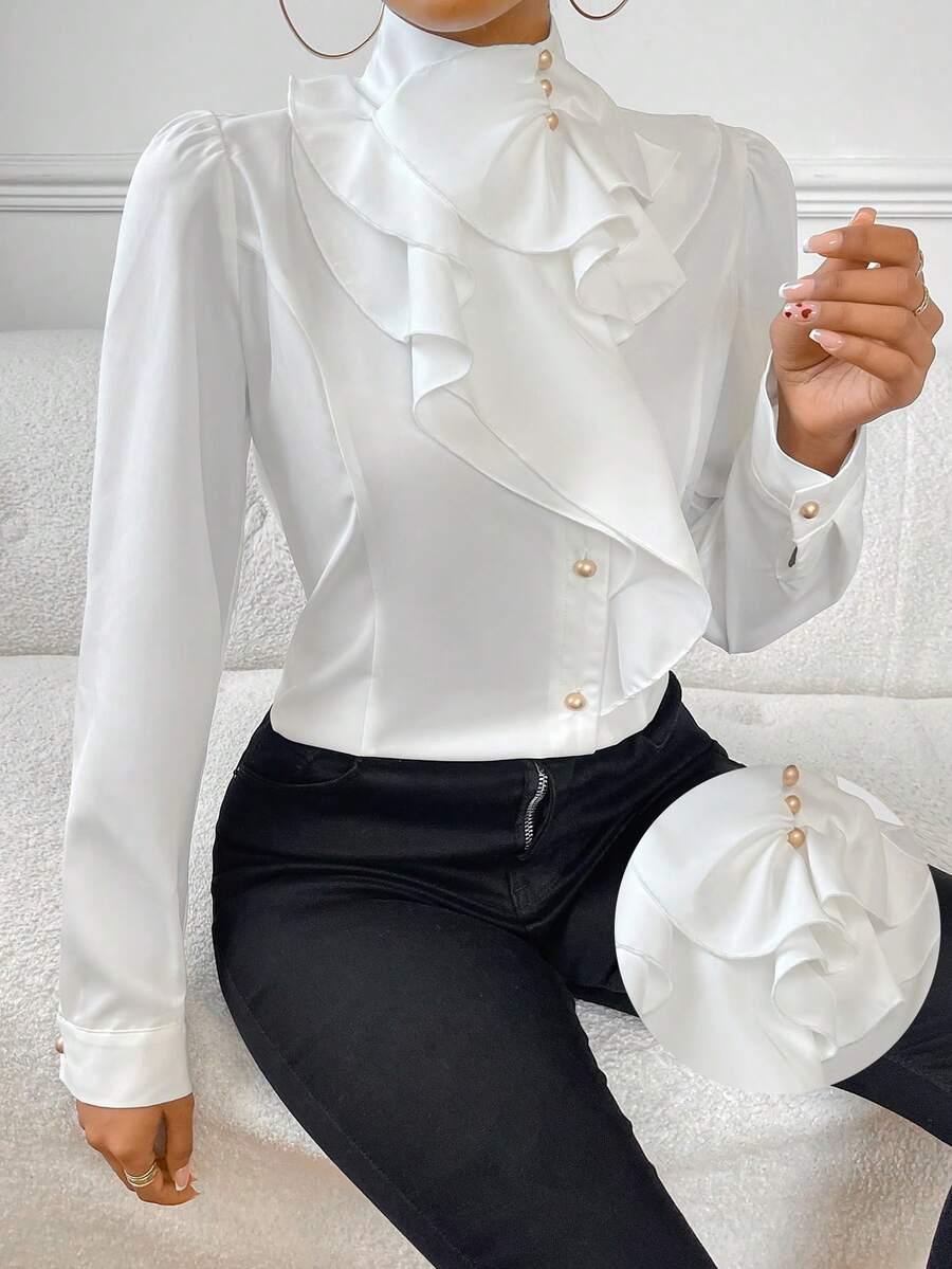 white ruffle front puff sleeve button up blouse