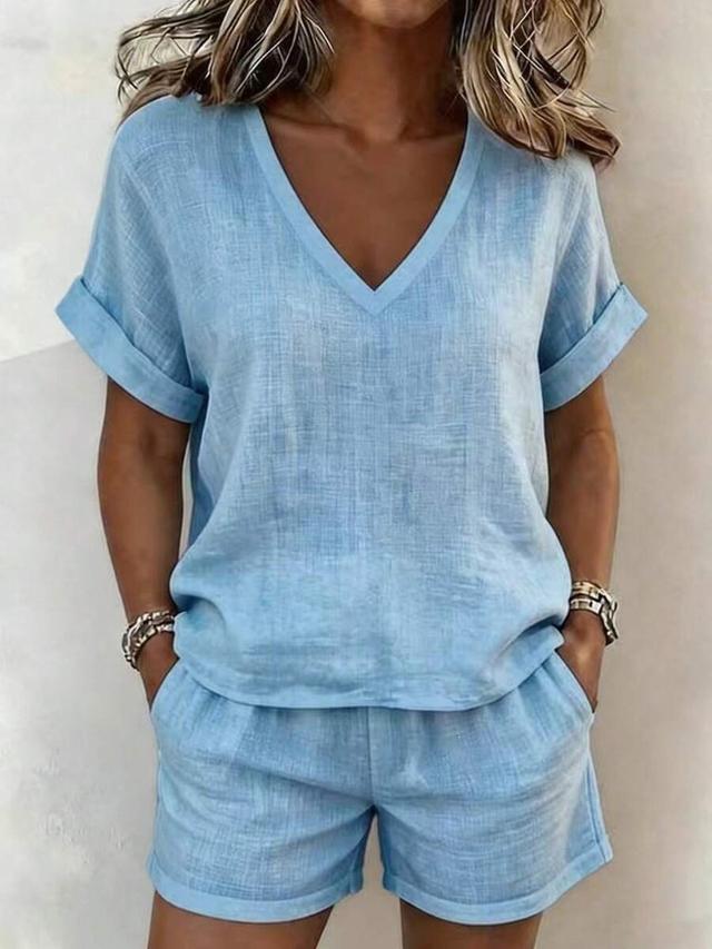 light blue casual v-neck short sleeved linen blend shorts set