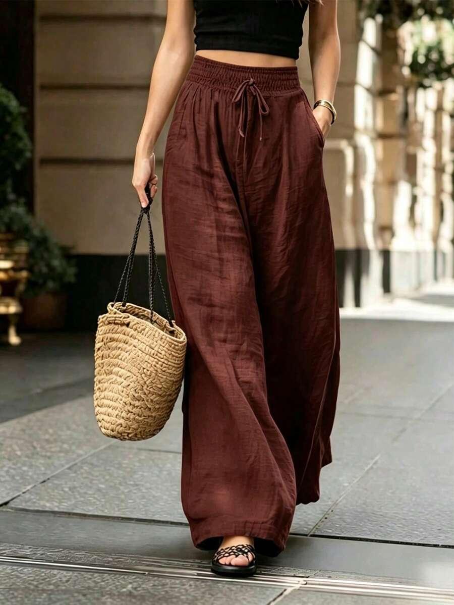 brown breezaya women's loose fit wide leg pants