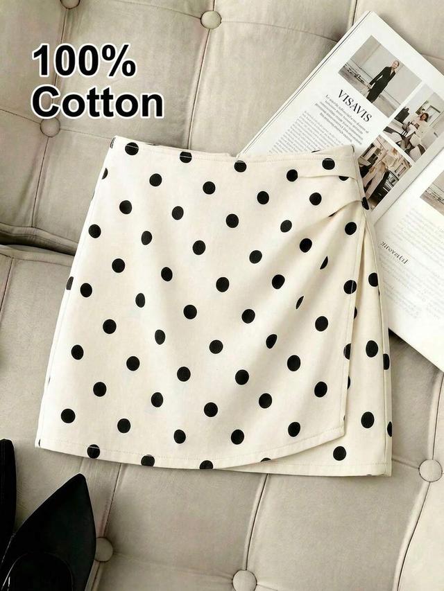 polka dot pleated denim mini skirt