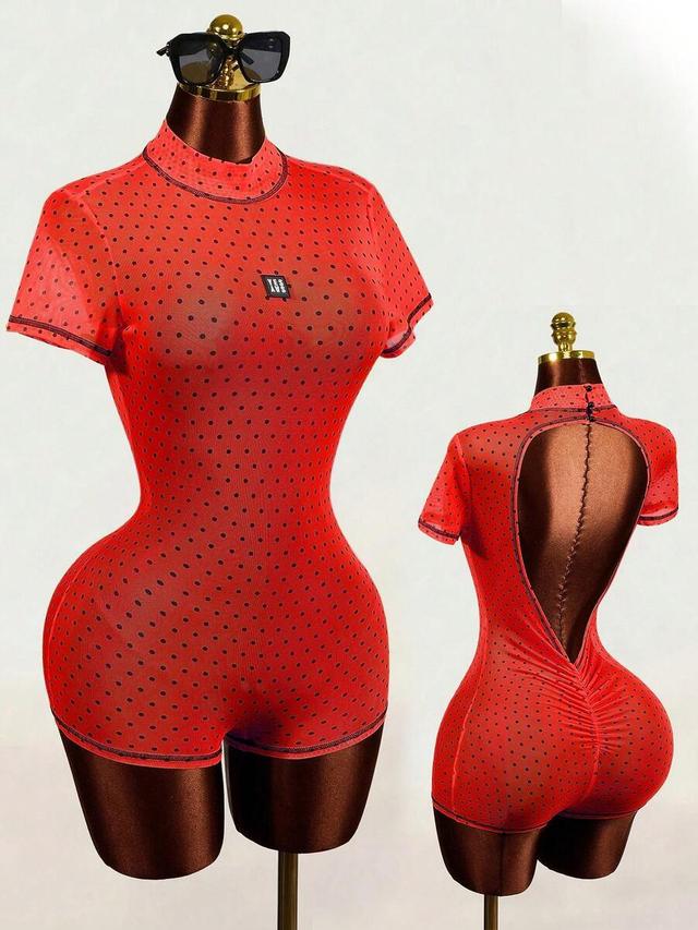 red polka dot mesh backless short sleeve jumpsuit