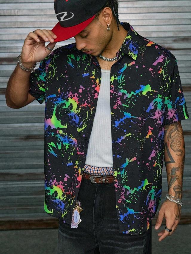 men reflective splash ink print short sleeve shirt
