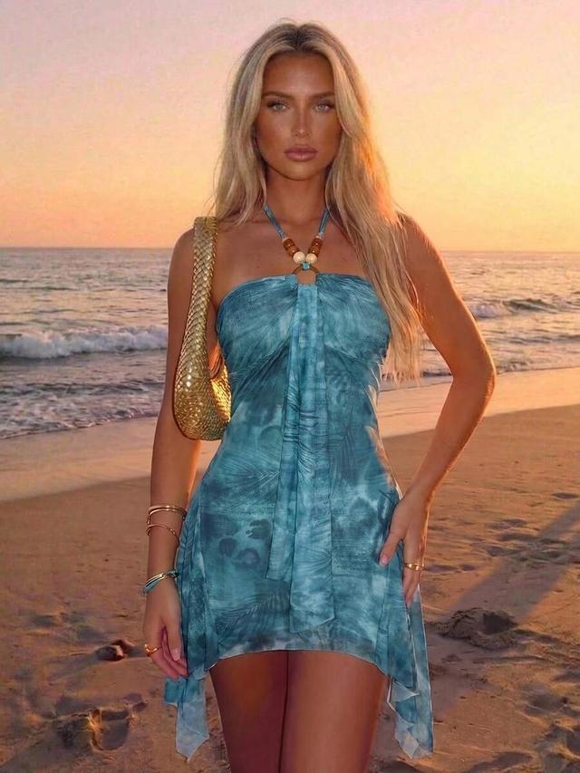 teal tropical print halter neck mini dress