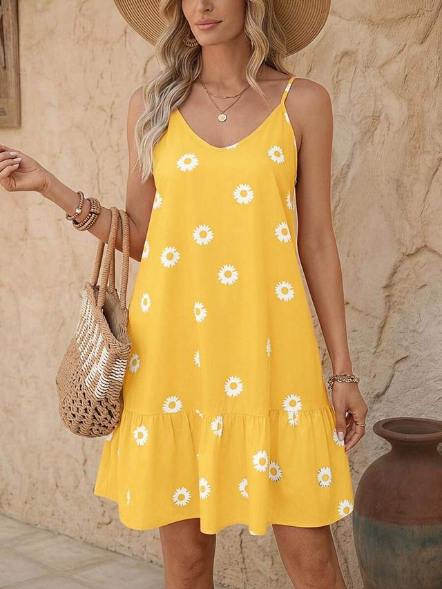 yellow daisy print ruffle hem cami dress