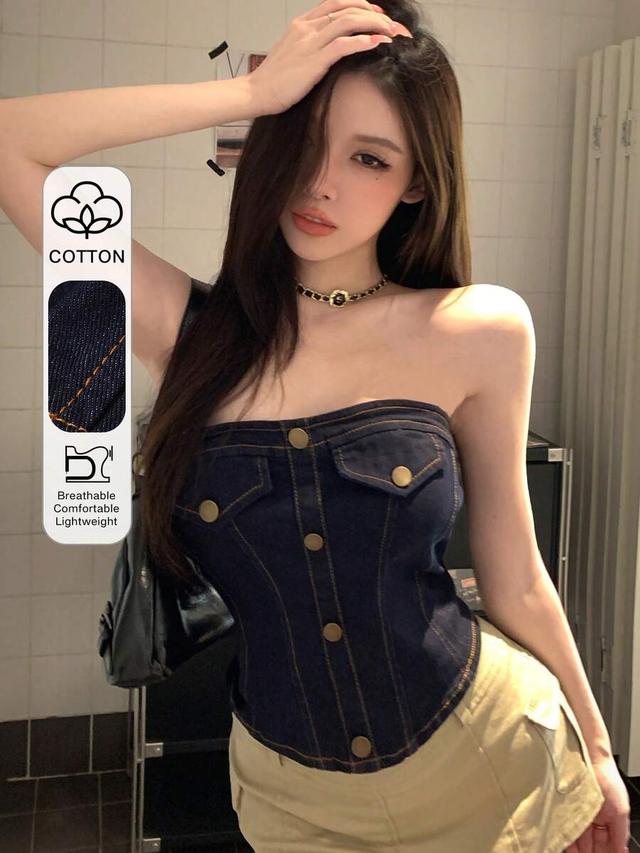 dark wash denim bandeau corset style top