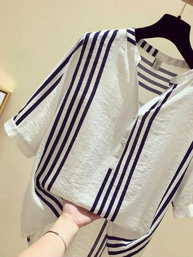 women's casual striped v-neck button shirt