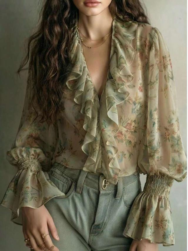 floral chiffon front button pleated ruffle trim blouse