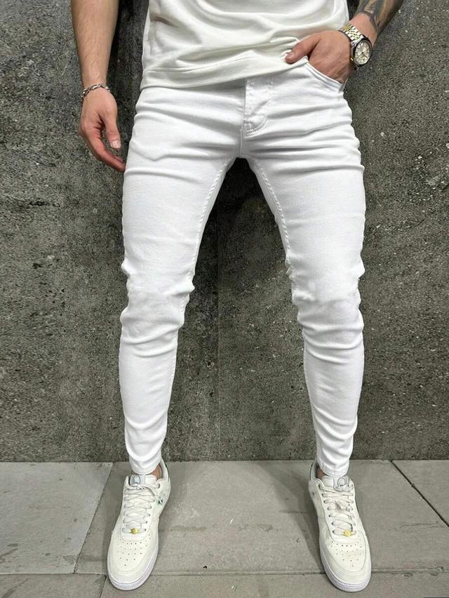 men's casual slim fit white stretch denim jeans