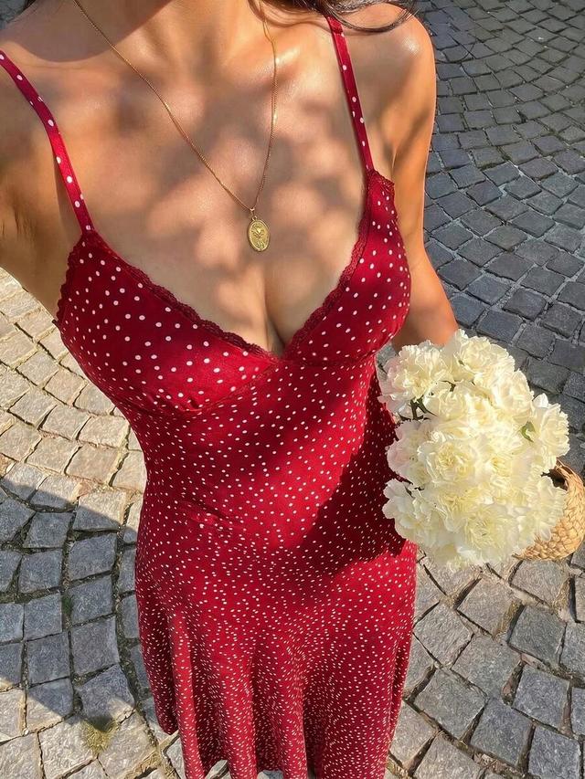 red polka dot lace trim camisole dress