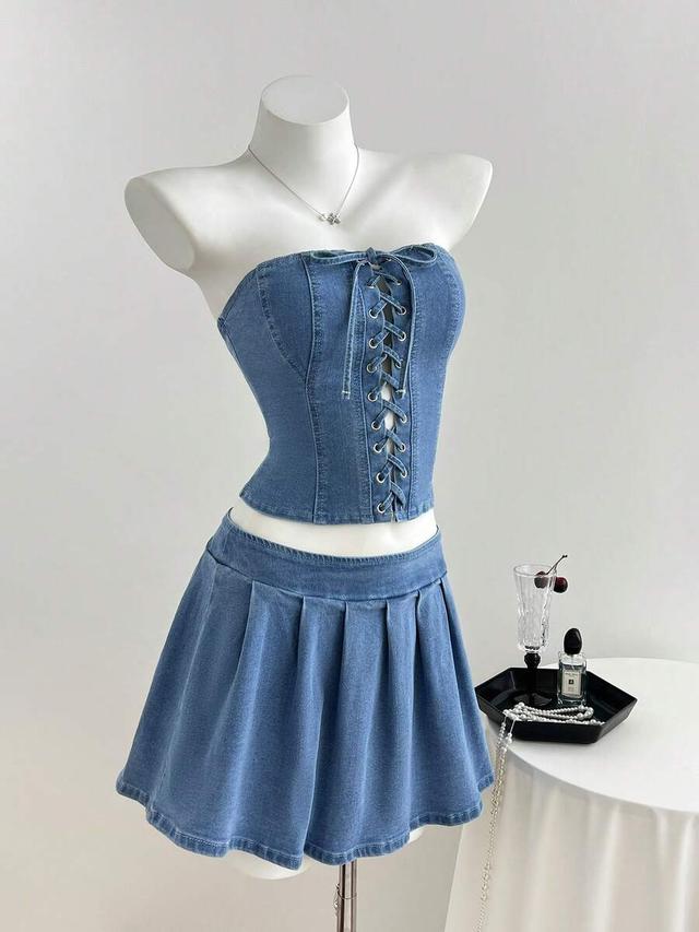 denim lace-up corset top and pleated skirt set