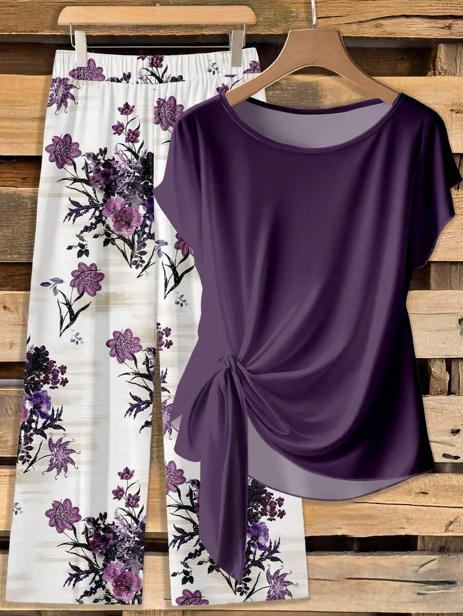 purple tie-front short sleeve blouse