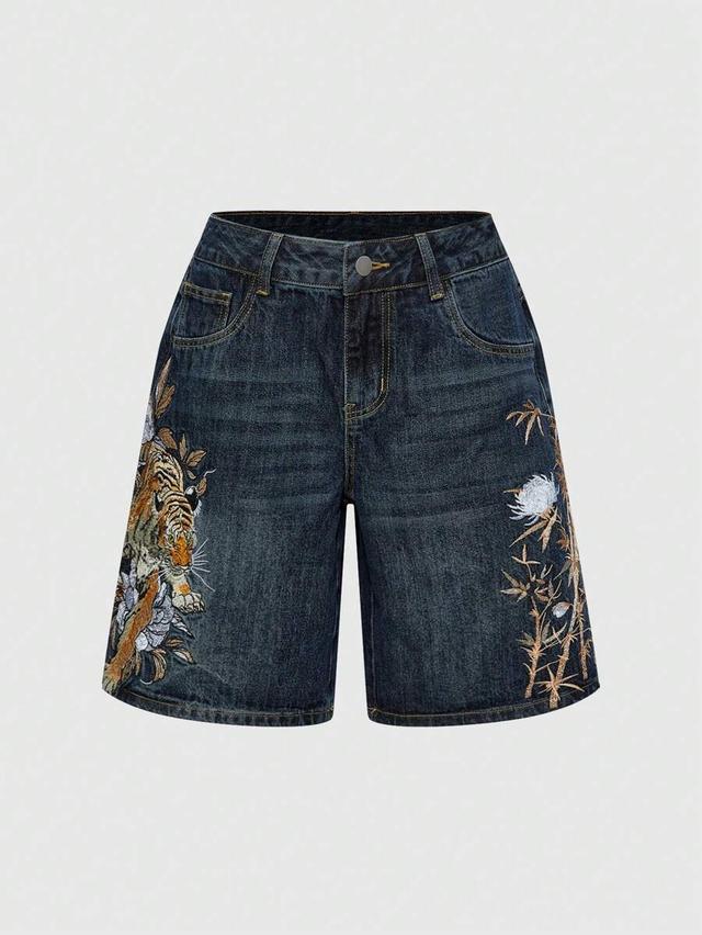 dark wash denim shorts with tiger and bamboo embroidery