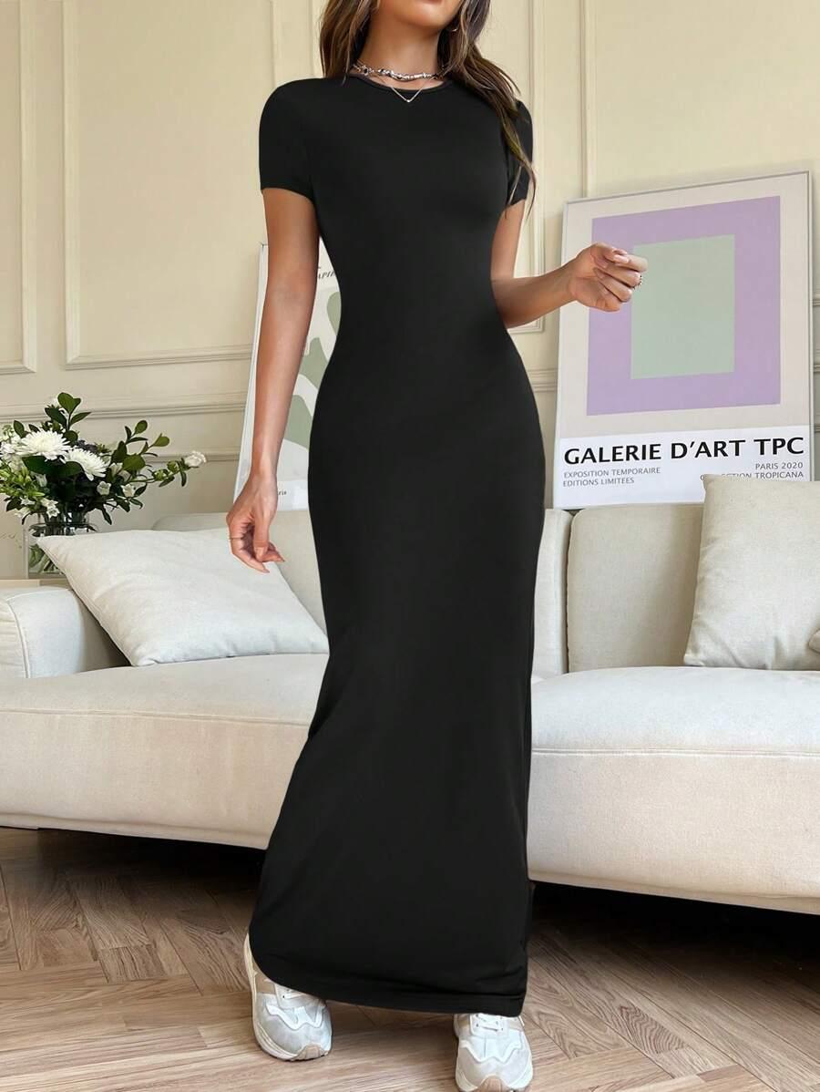 black round neck slim fit short sleeve maxi dress