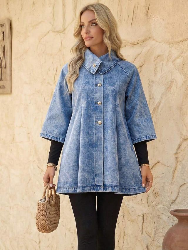 acid wash denim swing jacket with collar