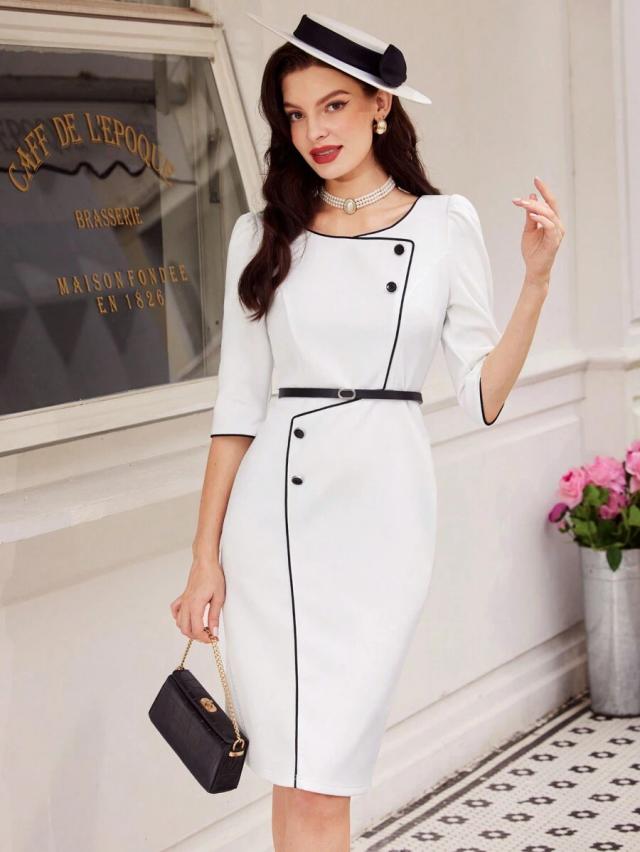 elegant white color block straight dress with black piping
