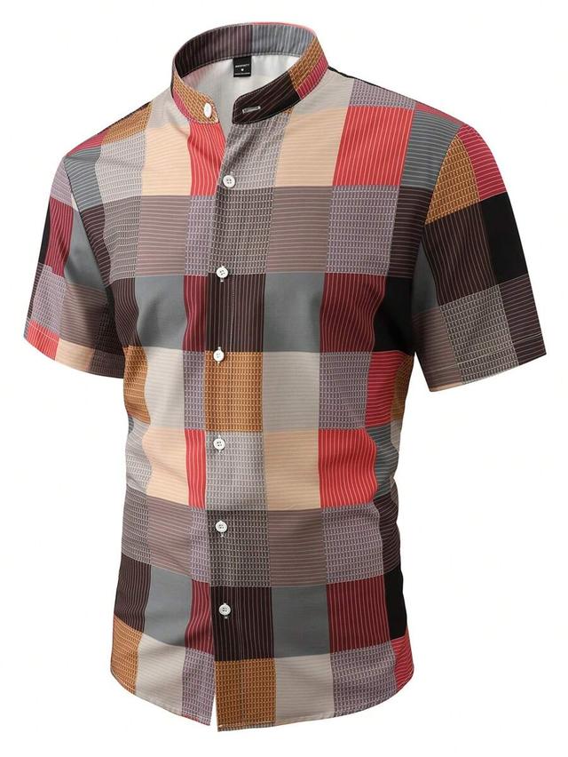 cream men's summer loose fit plaid short sleeve button down shirt