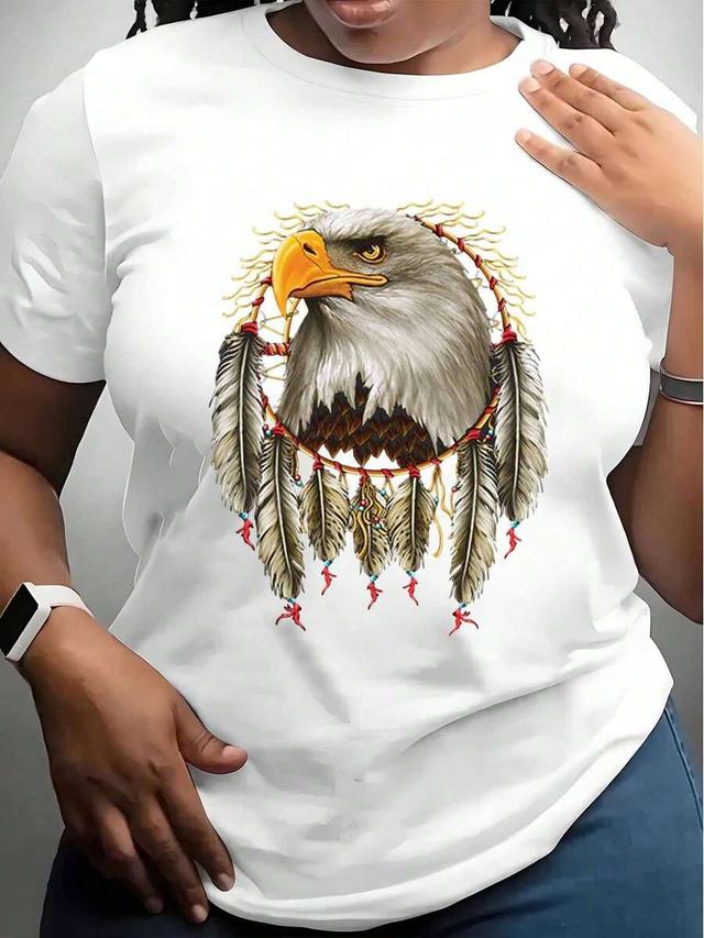 women round neck short sleeve dreamcatcher eagle graphic tee
