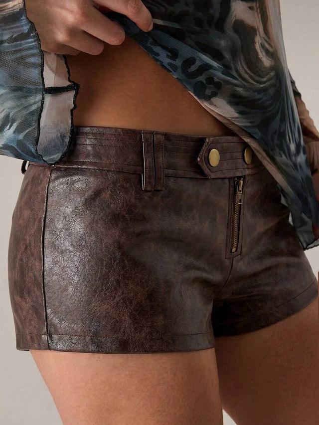 dark brown washed distressed pu fashion shorts