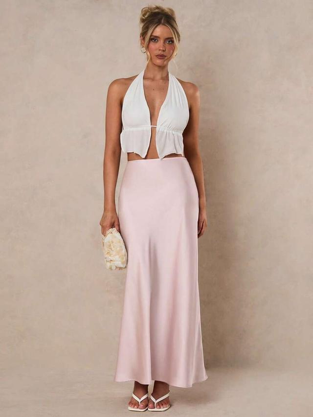 light pink elegant satin high waist maxi skirt