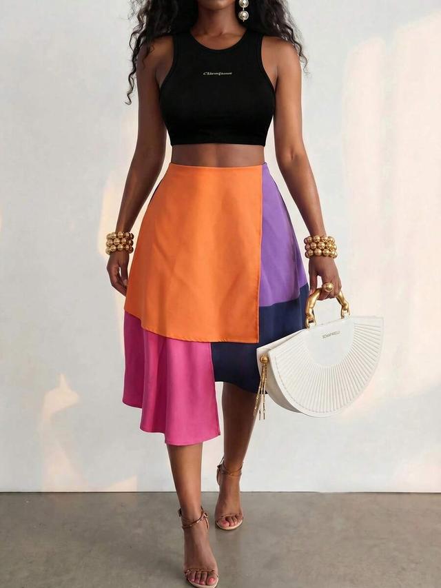 orange purple navy pink colorblock patchwork asymmetrical hem skirt