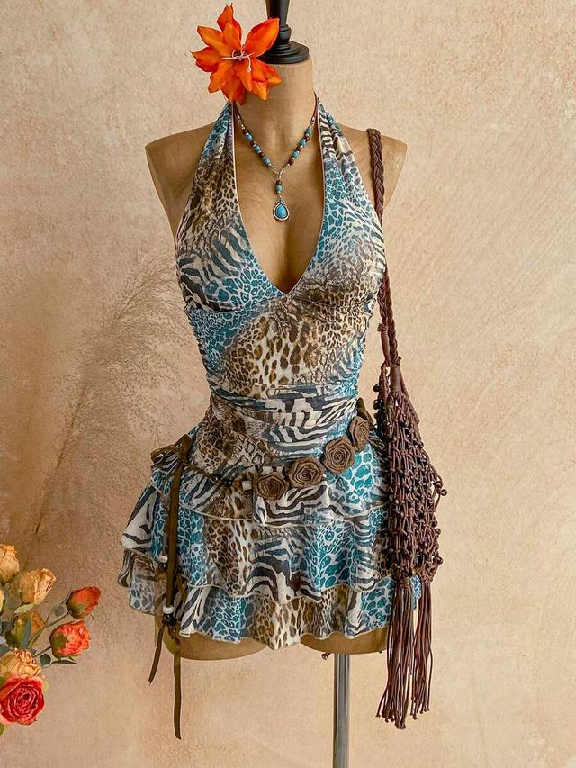 vintage zebra tie dye print mesh ruched halter dress