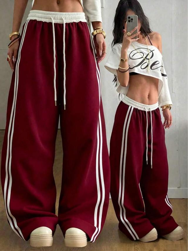 burgundy contrast stripe drawstring relaxed wide leg sweatpants